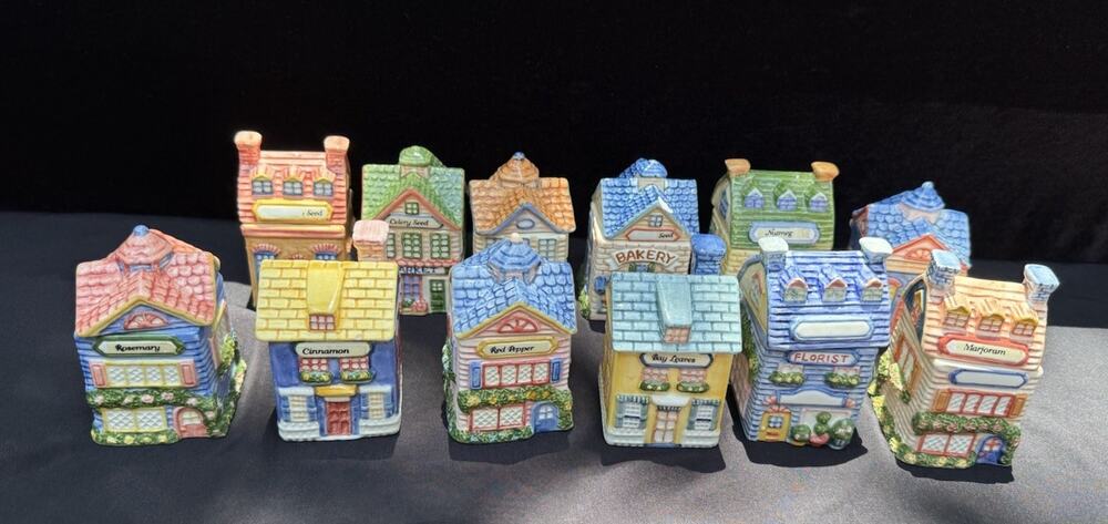 Vintage 1997 Avon Ceramic Spice Jars House Village Full Set of 12 *No Shelf